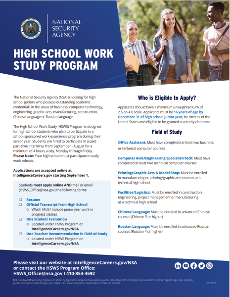 Learn about NSA's high school work study program