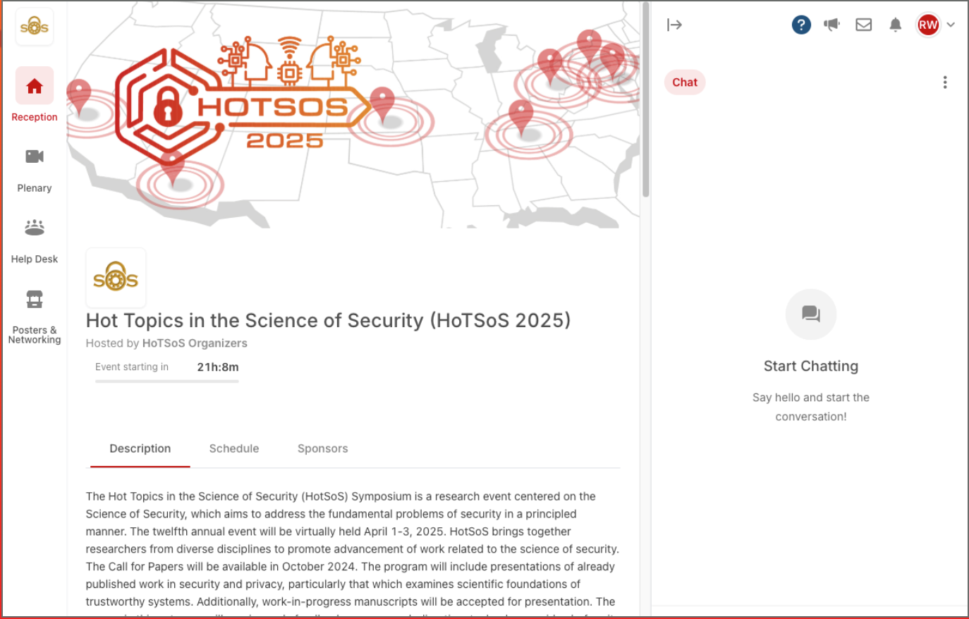 Screenshot of HotSoS Virtual Venue in Ring Central. Landing page with description. Navigation buttons on left menu bar for Plenary, Help Desk, and Posters/Networking.